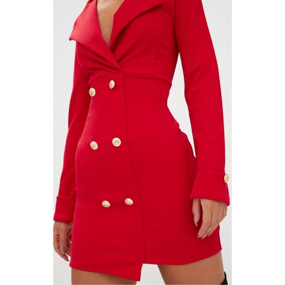 Pretty Little Thing Red Double-Breasted Long Sleeve Blazer Dress w/ Gold Buttons - Picture 3 of 8